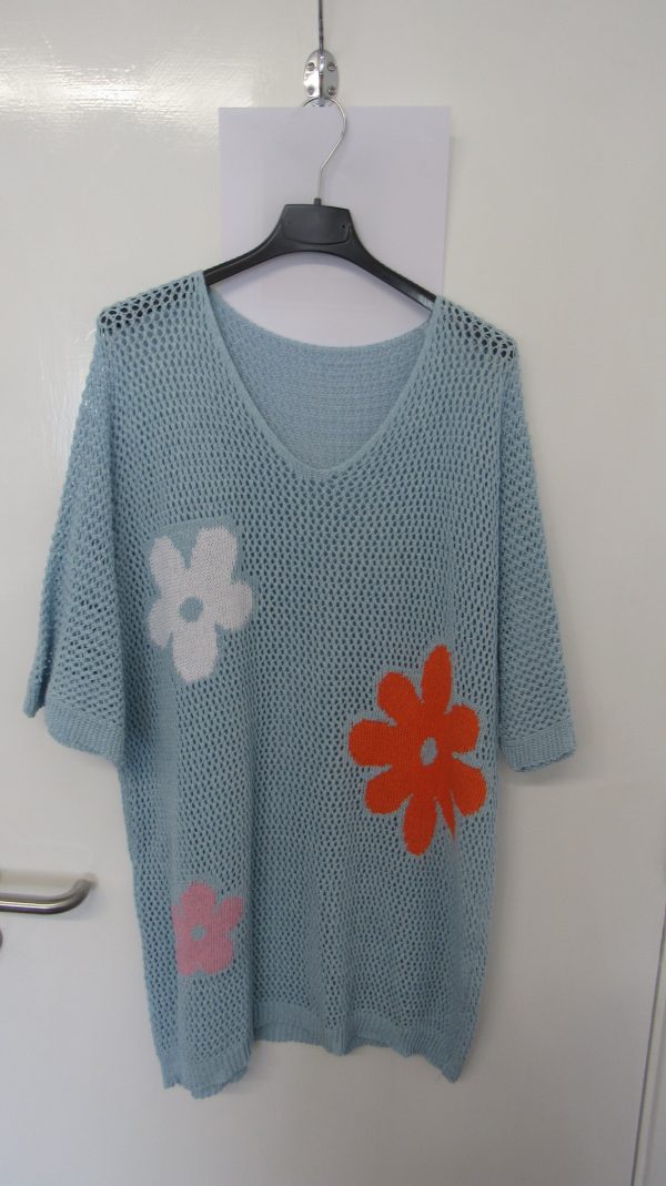 New Ladies Light Blue Floral Crochet V Neck Summer Top Size 16 - Image 2