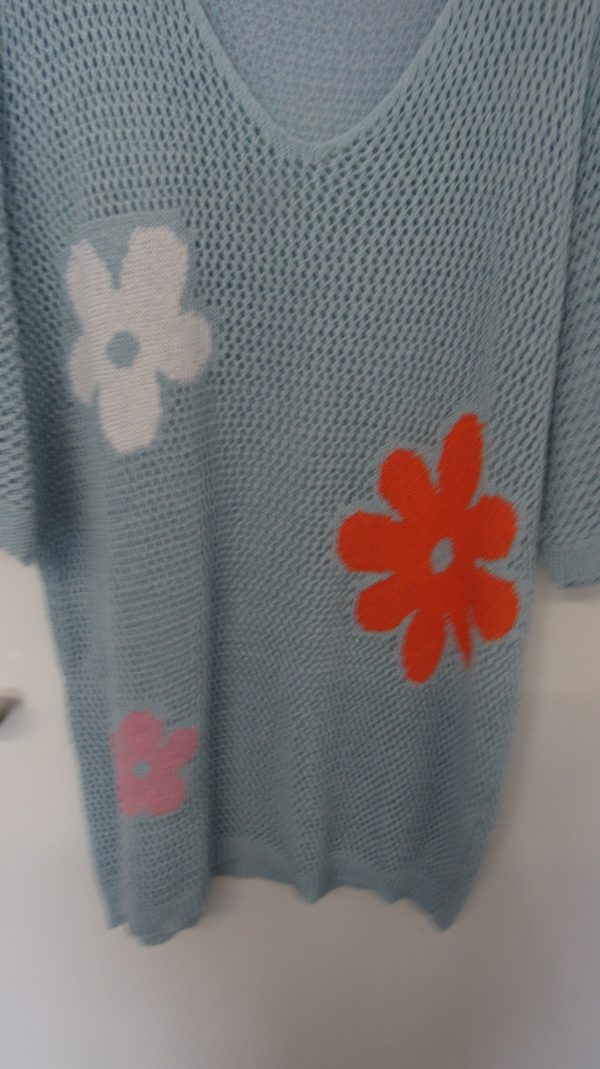 New Ladies Light Blue Floral Crochet V Neck Summer Top Size 16 - Image 3