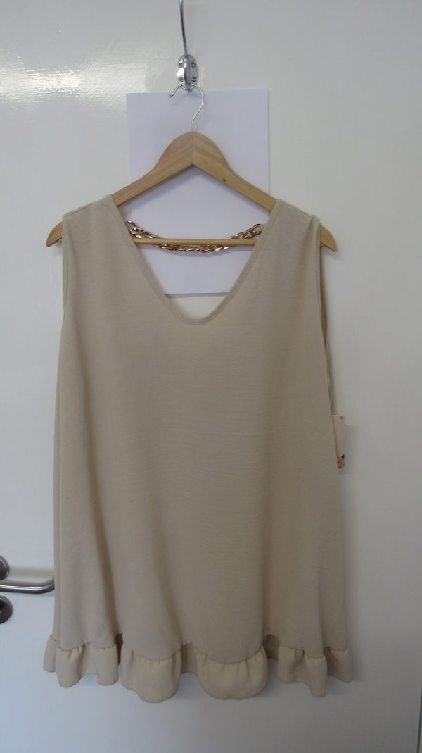New Ladies Chain Back Beige Frill Bottom Tunic Top One Size fits sizes 16 18 20 22