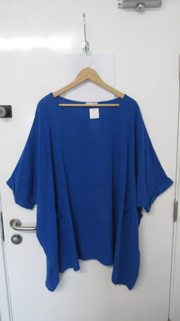 New Ladies Pocket Royal Blue Plus Size 100% Cotton Top One Size fits sizes 22 24 26 28 NON RETURNABLE