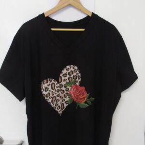 New Ladies Women Black Heart with Rose V Neck T-shirt One Size Fits 18 20 22