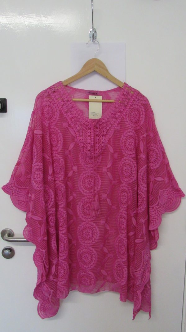 New Ladies Cerise Pink Lacy Kaftan One Size fits sizes 18 20 22 24