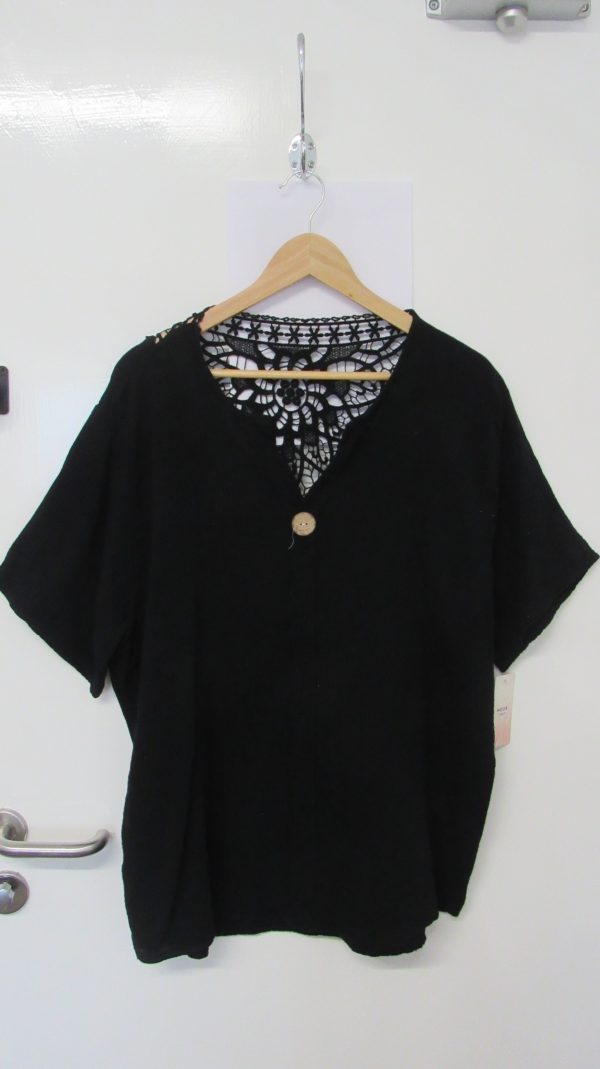 New Black Lacy Back Cheesecloth Top One Size fits sizes 16 18 20 22