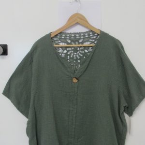 New Khaki Green Lacy Back Cheesecloth Top One Size fits sizes 16 18 20 22