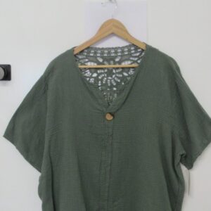 New Khaki Green Lacy Back Cheesecloth Top One Size fits sizes 16 18 20 22