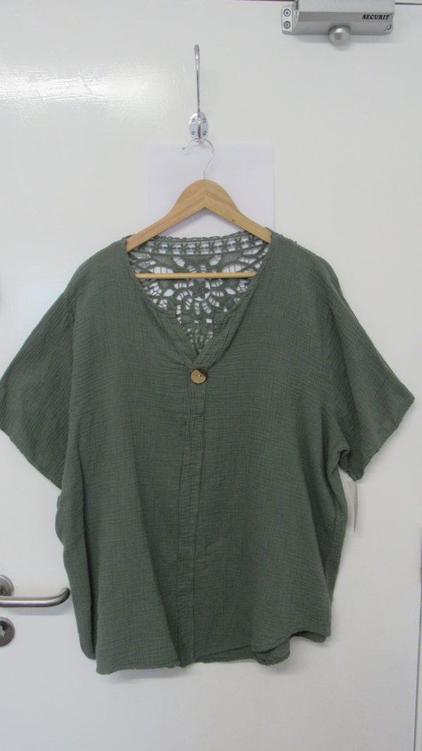 New Khaki Green Lacy Back Cheesecloth Top One Size fits sizes 16 18 20 22 - Image 2