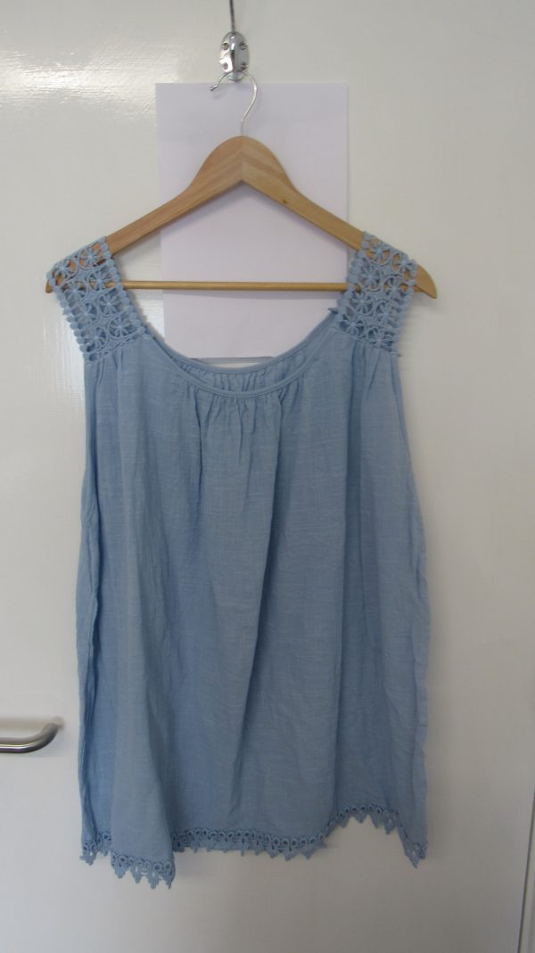 New Ladies Light Blue Lacy Sleeveless Top One Size fits sizes 16 18 20