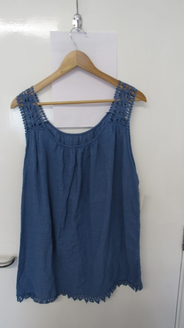 New Ladies Denim Blue Lacy Sleeveless Top One Size fits sizes 16 18 20