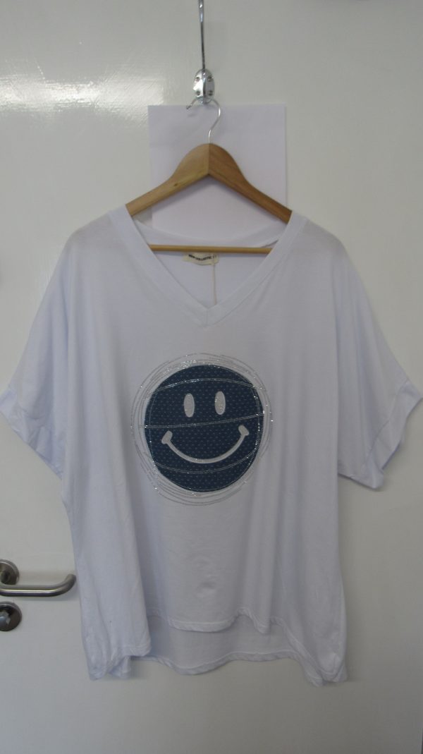 New White with Blue Smiley Face T-shirt One Size fits sizes 14 16 18 20 - Image 2