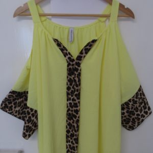 New Ladies Yellow Cold Shoulder with animal print trim top One Size fits sizes 18 20 22