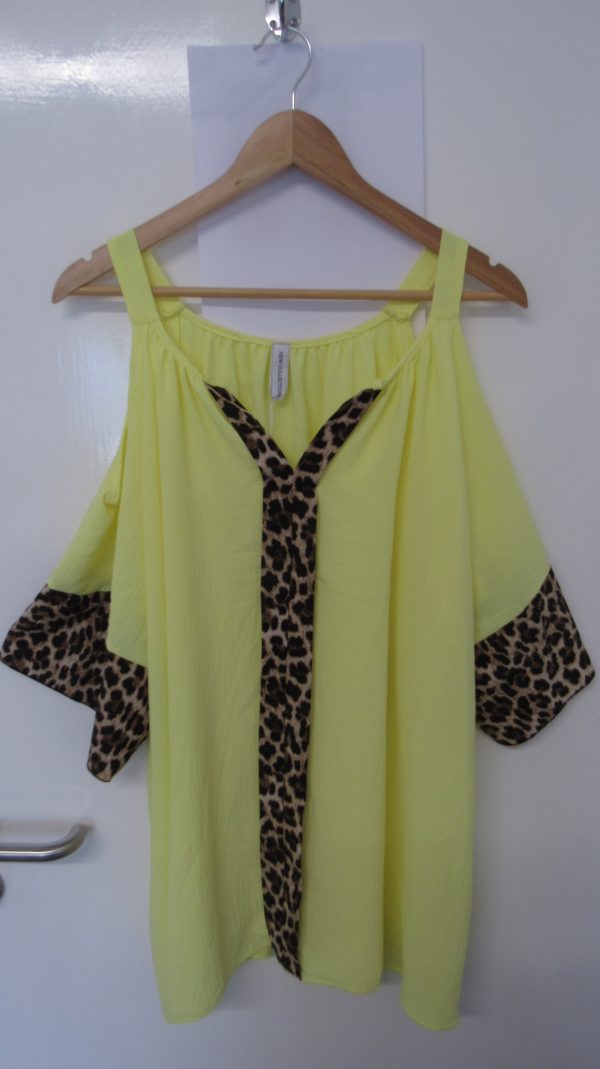 New Ladies Yellow Cold Shoulder with animal print trim top One Size fits sizes 18 20 22