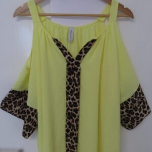 New Ladies Yellow Cold Shoulder with animal print trim top One Size fits sizes 18 20 22