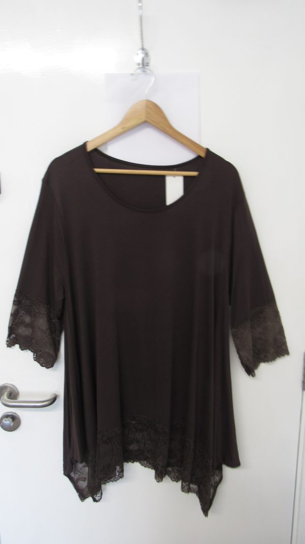 New Ladies Brown Lacy Trim Top One Size fits sizes 18 20 22