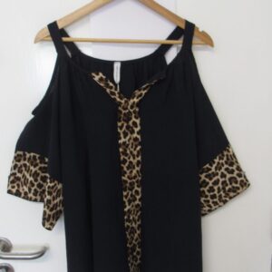 New Ladies Navy Blue Cold Shoulder with animal print trim top One Size fits sizes 18 20 22