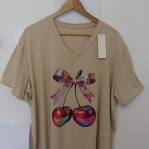 New Ladies Women Beige Bow V Neck T-shirt One Size Fits 18 20 22