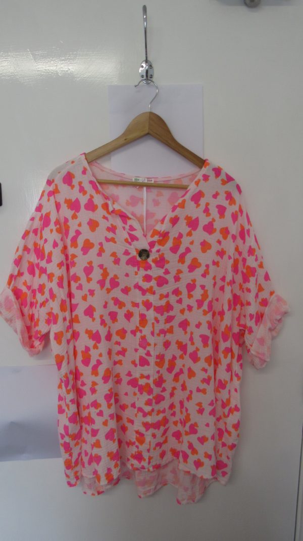 New Ladies Pink Orange Heart Tunic Top One Size fits sizes 18 20 22
