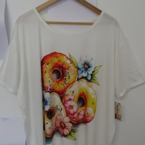 New Ladies White Donut Print T-shirt One Size fits sizes 16 18 20 22 NON RETURNABLE