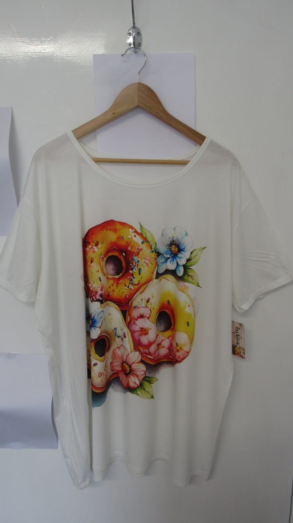 New Ladies White Donut Print T-shirt One Size fits sizes 16 18 20 22
