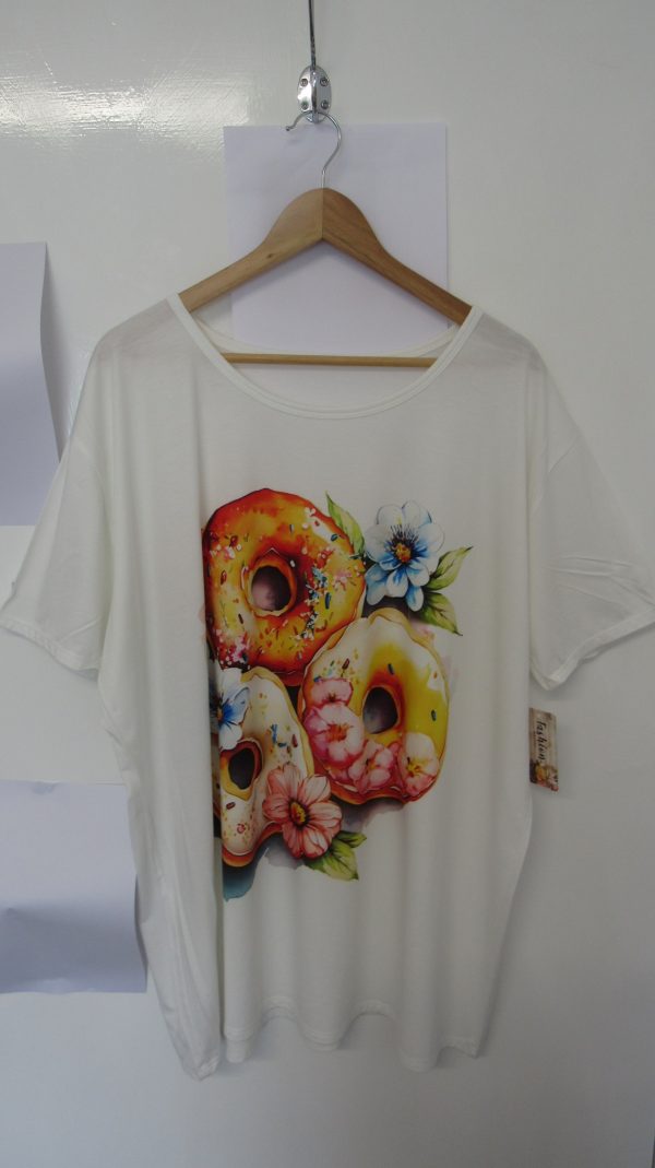 New Ladies White Donut Print T-shirt One Size fits sizes 16 18 20 22 - Image 2