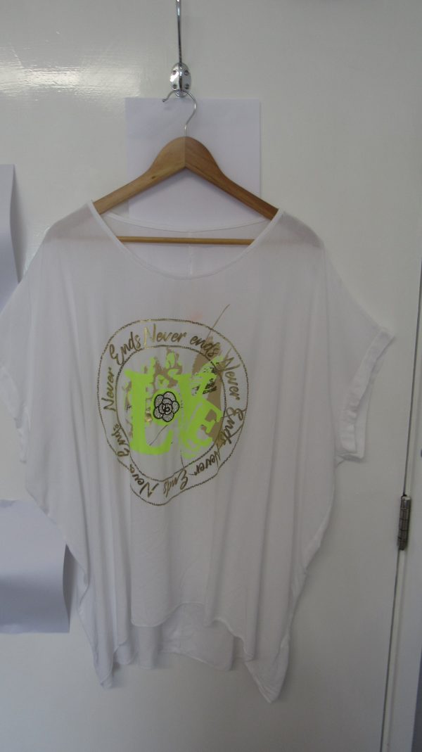 New Ladies White with Yellow Love Tunic Top One Size fits sizes 18 20 22 24 NON RETURNABLE