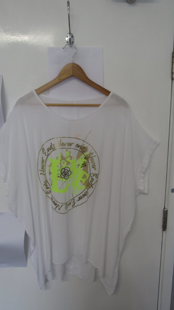 New Ladies White with Yellow Love Tunic Top One Size fits sizes 18 20 22 24 NON RETURNABLE - Image 2