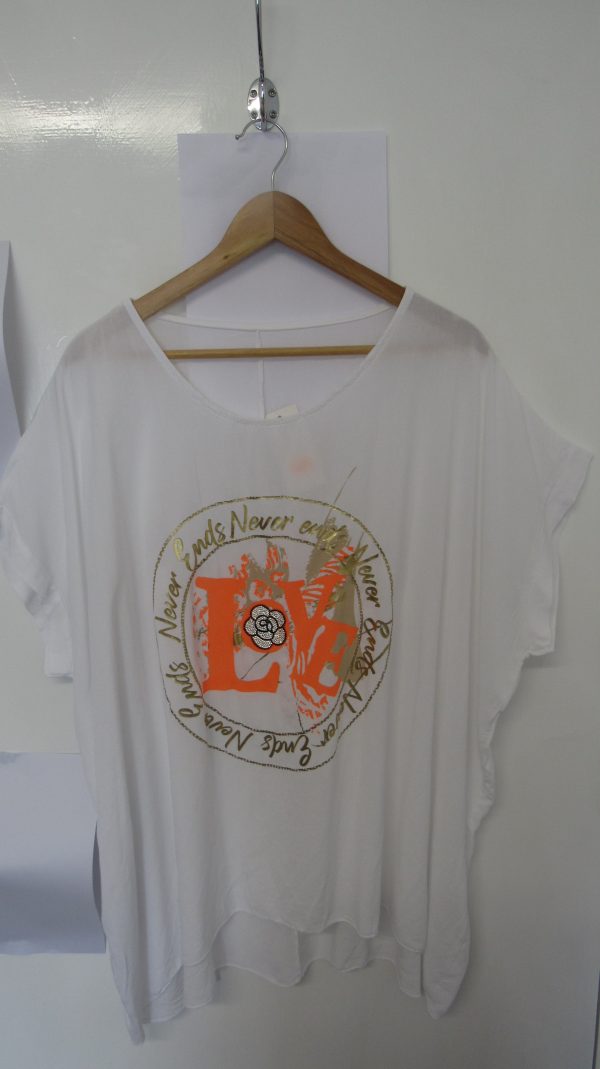 New Ladies White with Orange Love Tunic Top One Size fits sizes 18 20 22 24 NON RETURNABLE