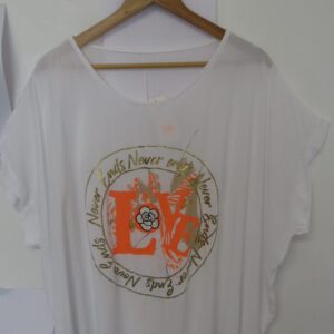 New Ladies White with Orange Love Tunic Top One Size fits sizes 18 20 22 24 NON RETURNABLE