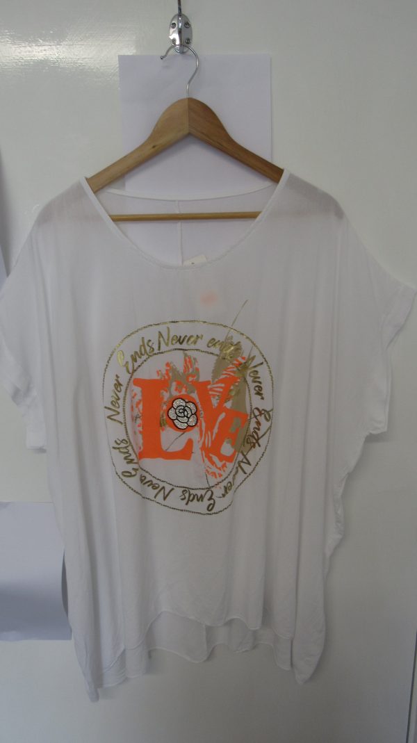 New Ladies White with Orange Love Tunic Top One Size fits sizes 18 20 22 24 NON RETURNABLE - Image 2