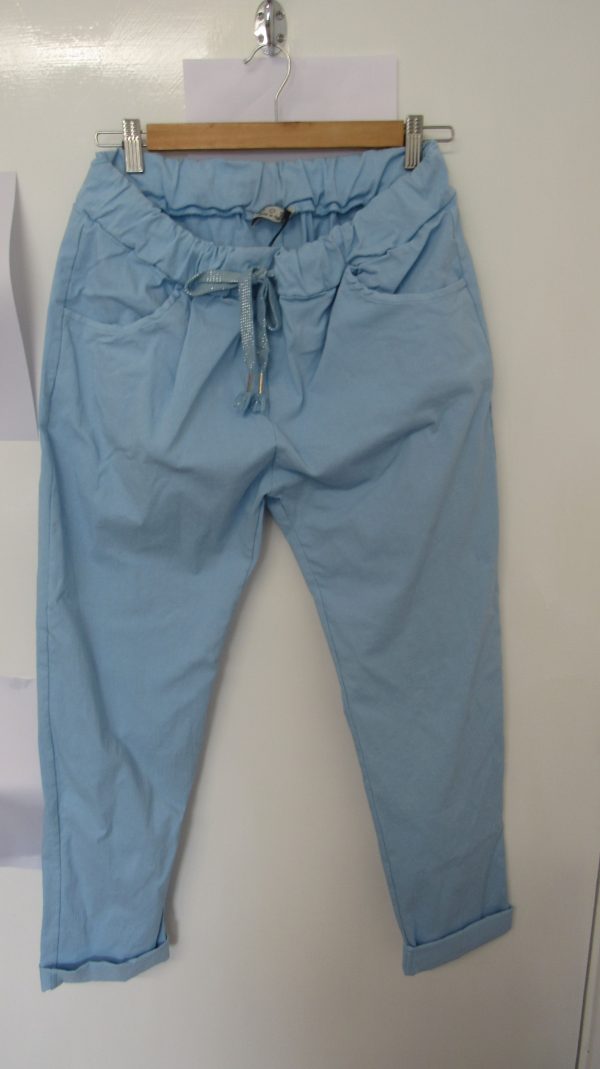 NEW Ladies Pale Blue Stretchy Crinkle Magic Trousers One Size Fits 10 12 14 16 18 Size 1 NON RETURNABLE