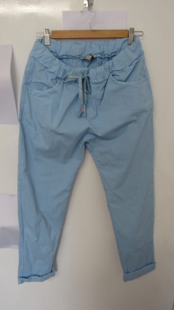NEW Ladies Pale Blue Stretchy Crinkle Magic Trousers One Size Fits 10 12 14 16 18 Size 1 NON RETURNABLE - Image 2
