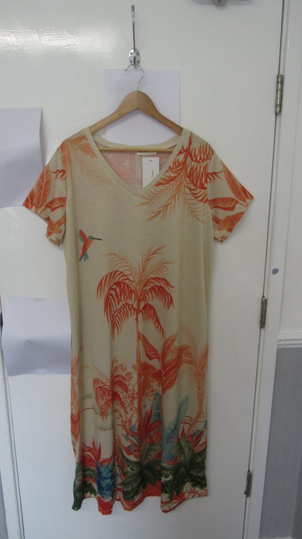 New Ladies Beige Palm Tree Dress One Size fits sizes 14 16 18 20 NON RETURNABLE