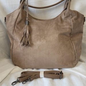 Beige Suede Effect Hobo Shoulder Bag with Tassel