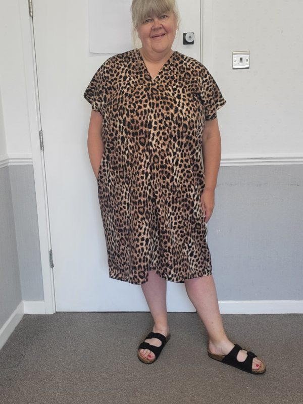New Ladies V Neck Darker Brown Animal Print Dress One Size Fits sizes 18 20 22 - Image 8