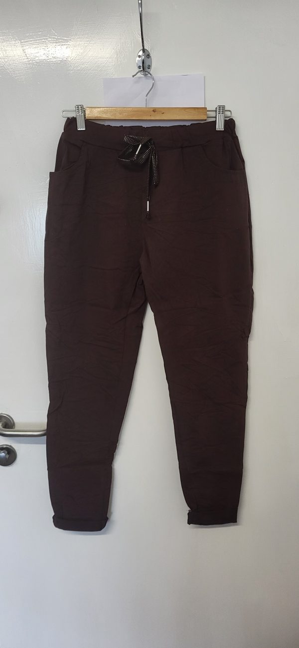 NEW Ladies Chocolate Brown Stretchy Crinkle Magic Trousers One Size Fits 10 12 14 16 Size 1