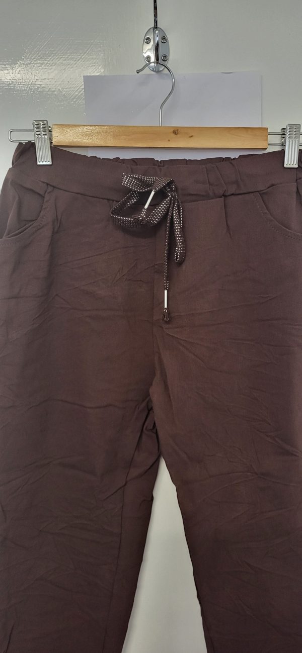 NEW Ladies Chocolate Brown Stretchy Crinkle Magic Trousers One Size Fits 10 12 14 16 Size 1 - Image 3