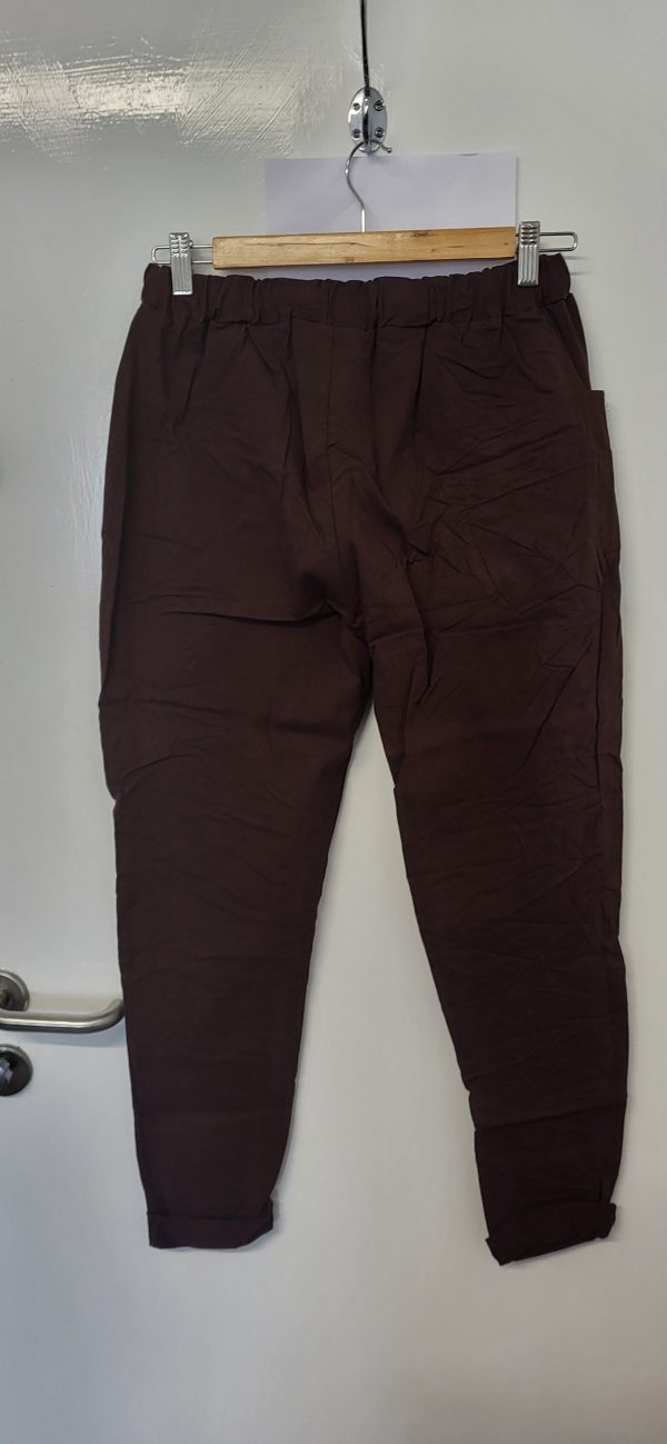 NEW Ladies Chocolate Brown Stretchy Crinkle Magic Trousers One Size Fits 10 12 14 16 Size 1 - Image 6