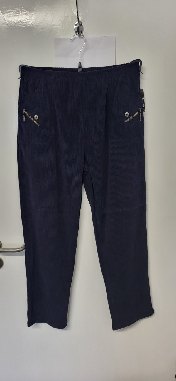 Cherry Berry Navy Blue Full Length Cord Velvet Feel Trousers Size T7 UK 20