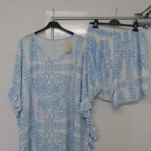 New Ladies Plus Size Light Blue Printed 2 Piece Co Ord Set With V Neck Top & Shorts One size fits sizes 18 20 22 Non RETURNABLE