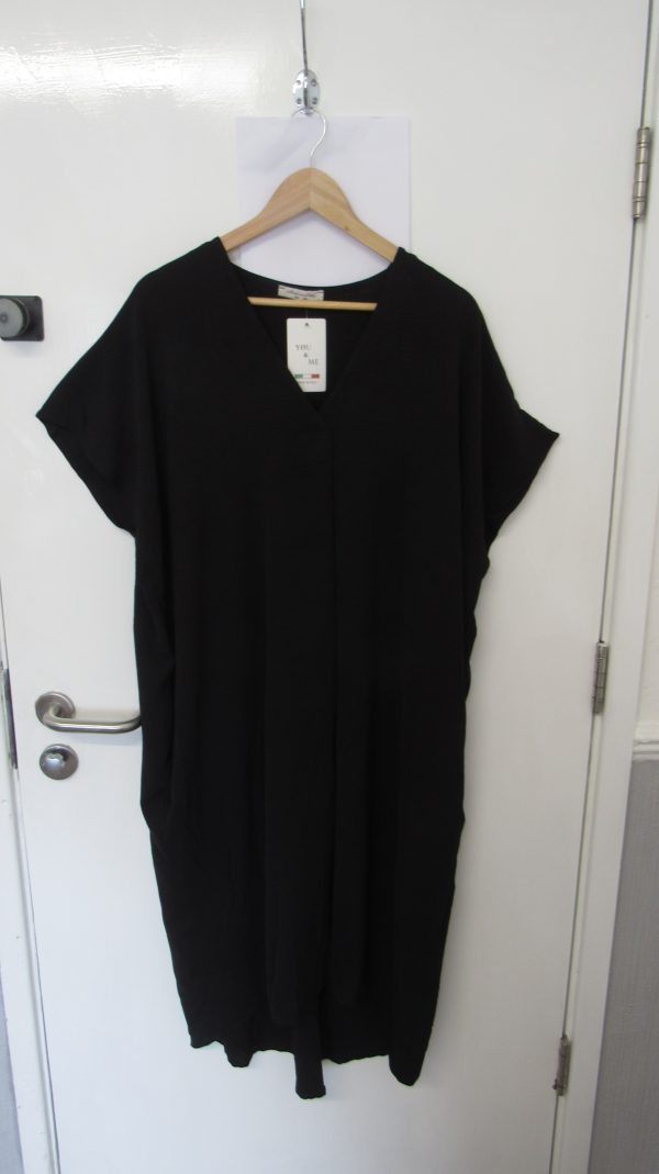 New Ladies V Neck Black Plain Pocket Dress One Size Fits sizes 18 20 22
