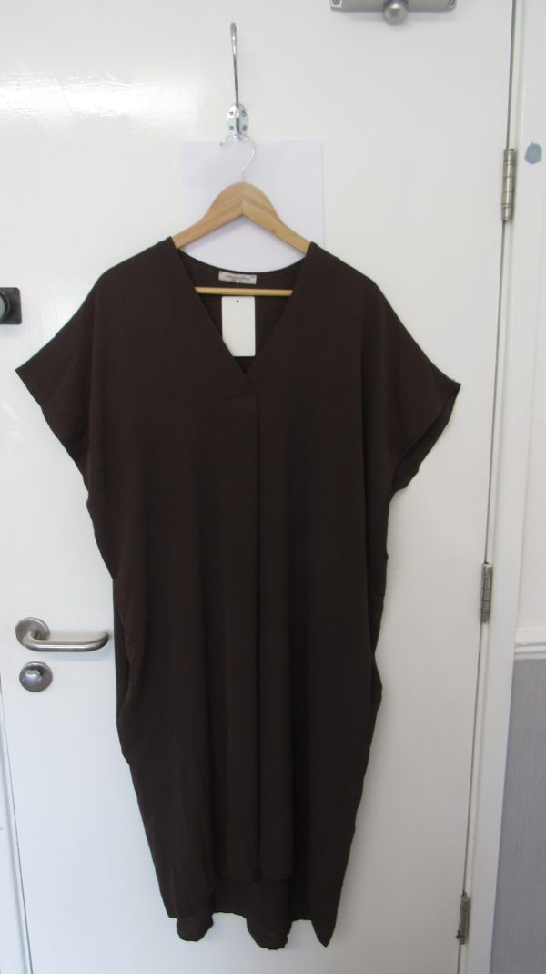 New Ladies V Neck Brown Plain Pocket Dress One Size Fits sizes 18 20 22
