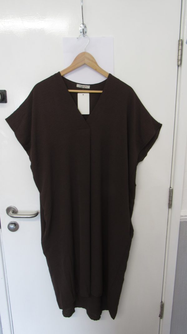 New Ladies V Neck Brown Plain Pocket Dress One Size Fits sizes 18 20 22 - Image 2