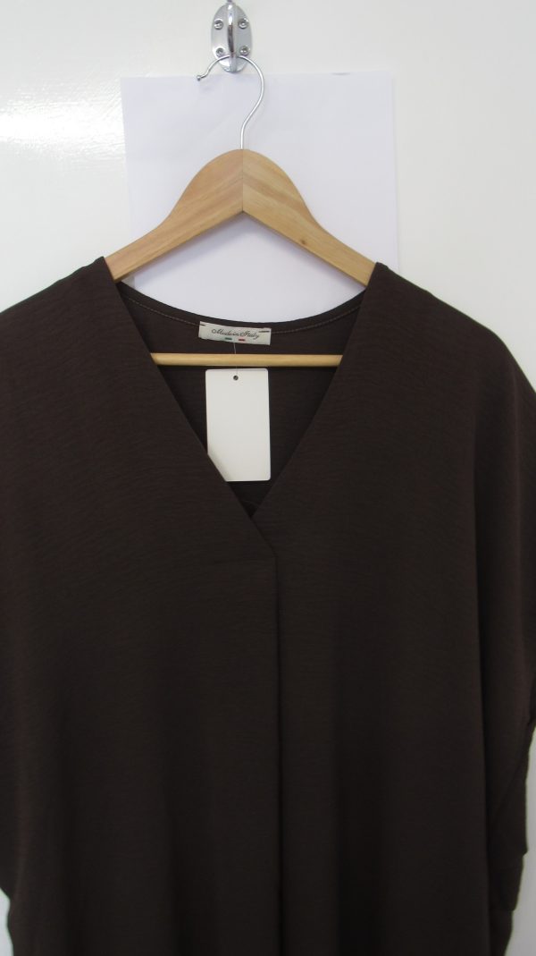 New Ladies V Neck Brown Plain Pocket Dress One Size Fits sizes 18 20 22 - Image 3