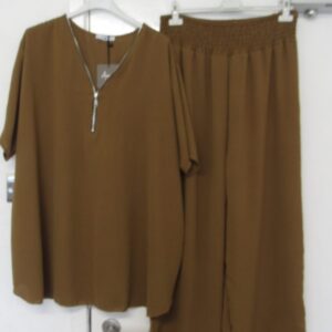 New Ladies Plus Size Brown 2 Piece Co Ord Set With V Neck Top & Trousers One size fits sizes 18 20 22 NON RETURNABLE
