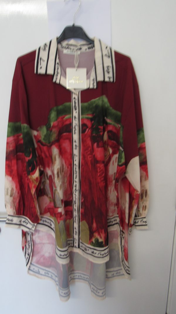 New Ladies Burgundy Print High Low Shirt One Size fits sizes 18 20 22 - Image 2