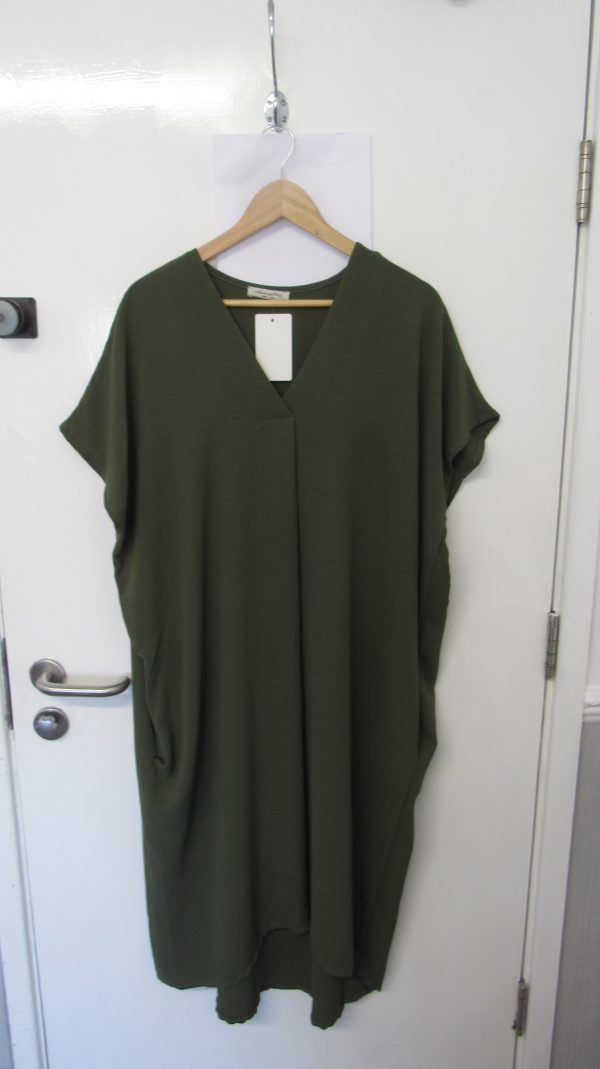 New Ladies V Neck Khaki Plain Pocket Dress One Size Fits sizes 18 20 22
