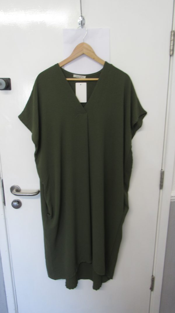 New Ladies V Neck Khaki Plain Pocket Dress One Size Fits sizes 18 20 22 - Image 2