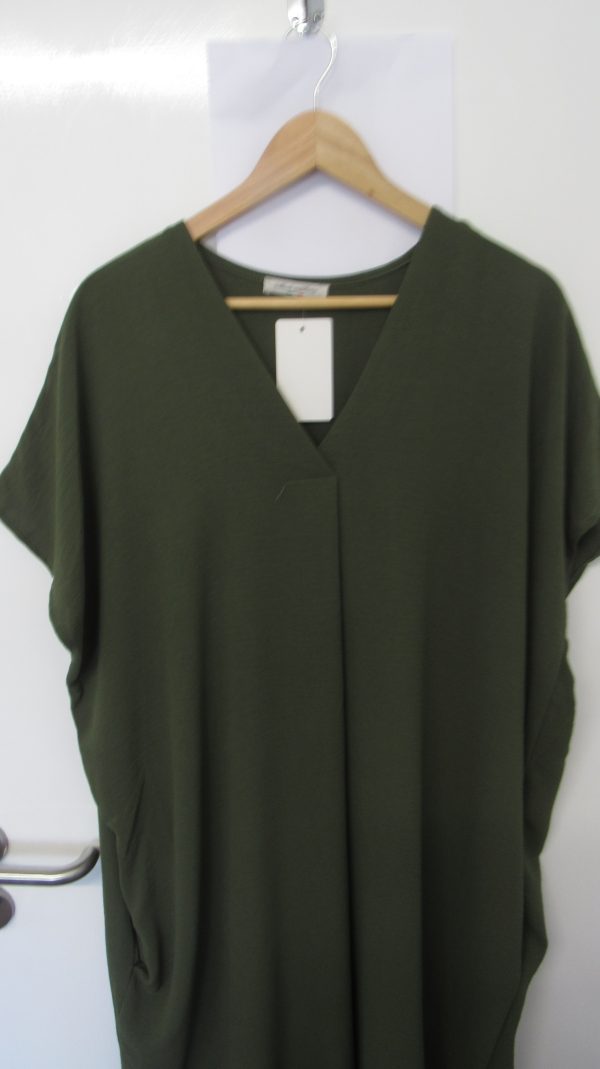 New Ladies V Neck Khaki Plain Pocket Dress One Size Fits sizes 18 20 22 - Image 3