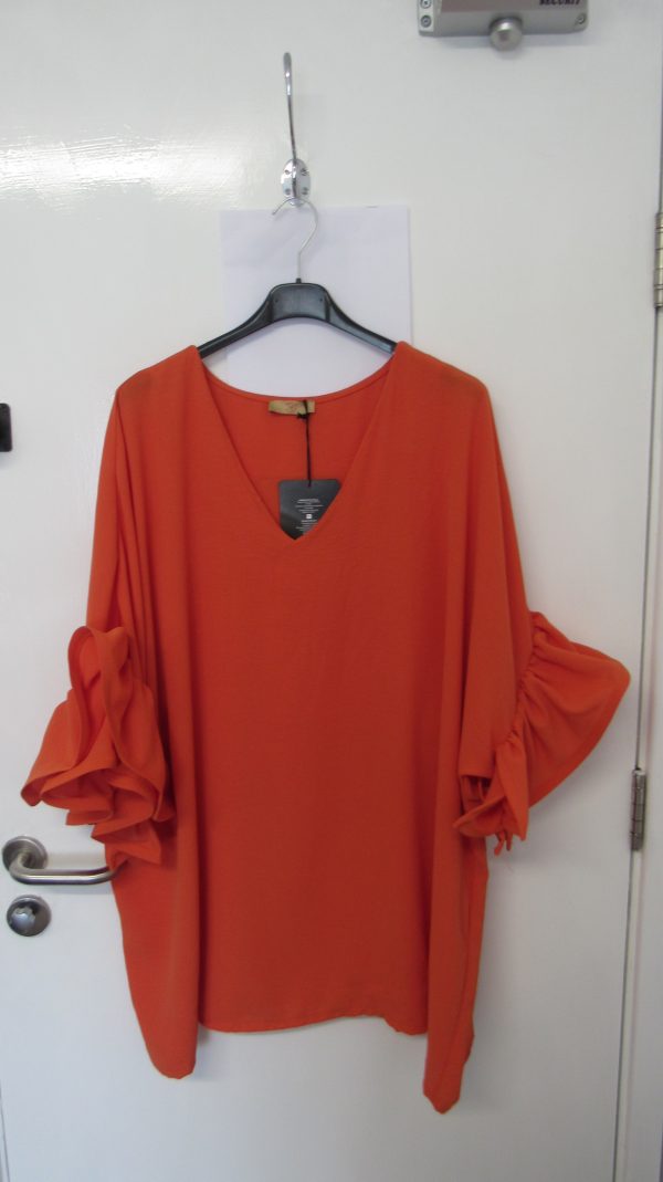 New Ladies Orange Frill Arm Tunic Plus Size Top One Size fits sizes 18 20 22 24 - Image 2