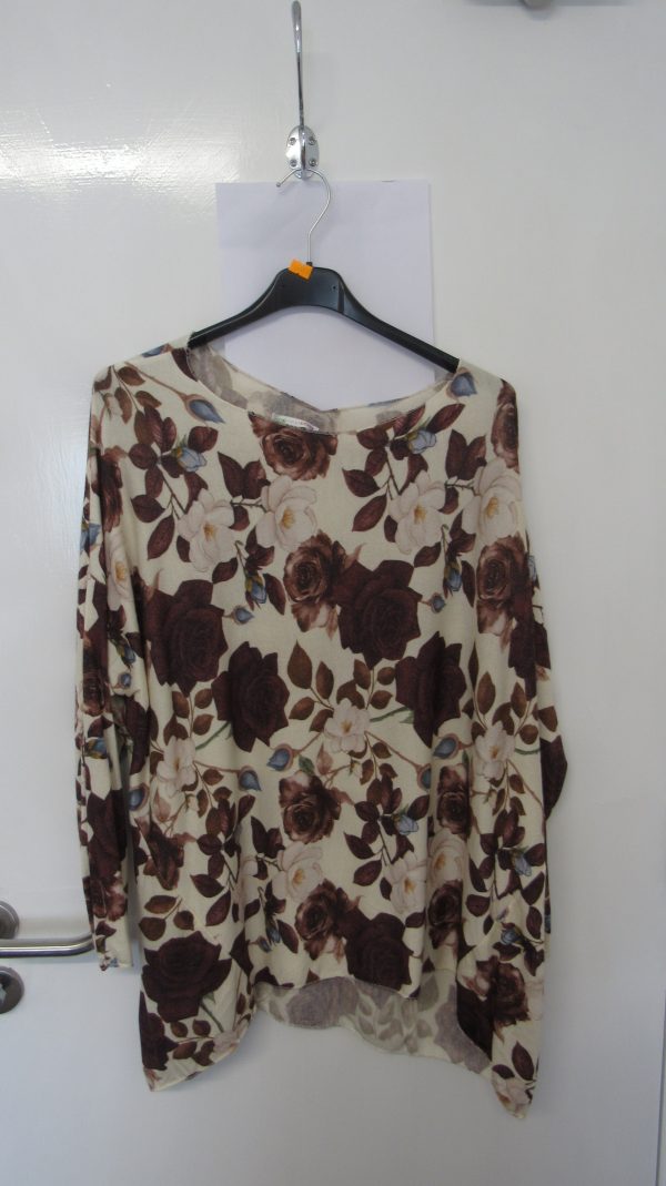 New Ladies Beige with Brown Floral Lightweight Jumper One Size fits sizes 16 18 20 22