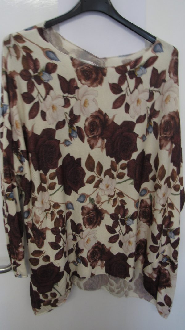 New Ladies Beige with Brown Floral Lightweight Jumper One Size fits sizes 16 18 20 22 - Image 2